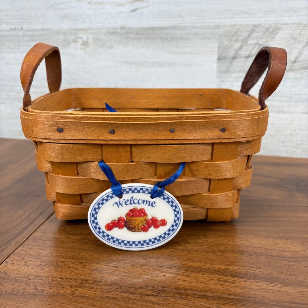 Longaberger Basket Leather Handles Ceramic Welcome Handwoven Basket 7" x 5' 1995